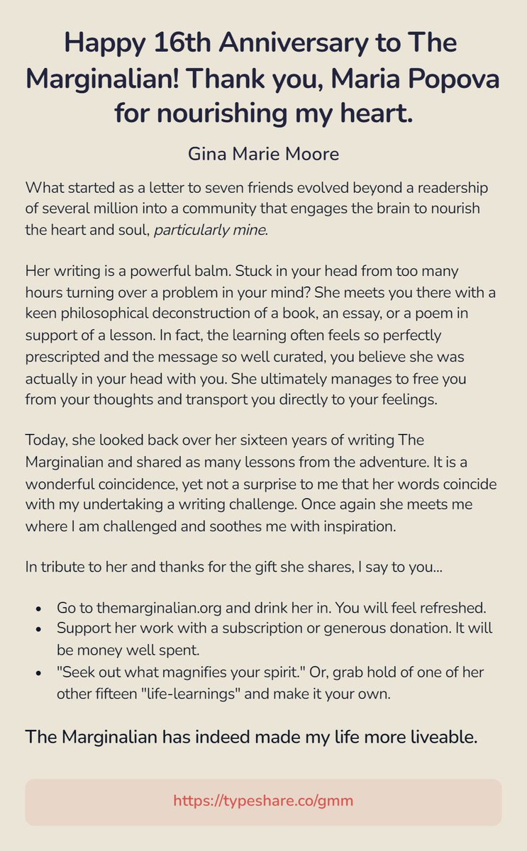 gmnmoore's tweet photo. Taking a break from my @rvltnproject writing to say thank you to @brainpicker.

I am eager to learn from all who read... what is your favorite life lesson from The Marginalian's 16th anniversary edition? https://t.co/YwOVCmU6DI