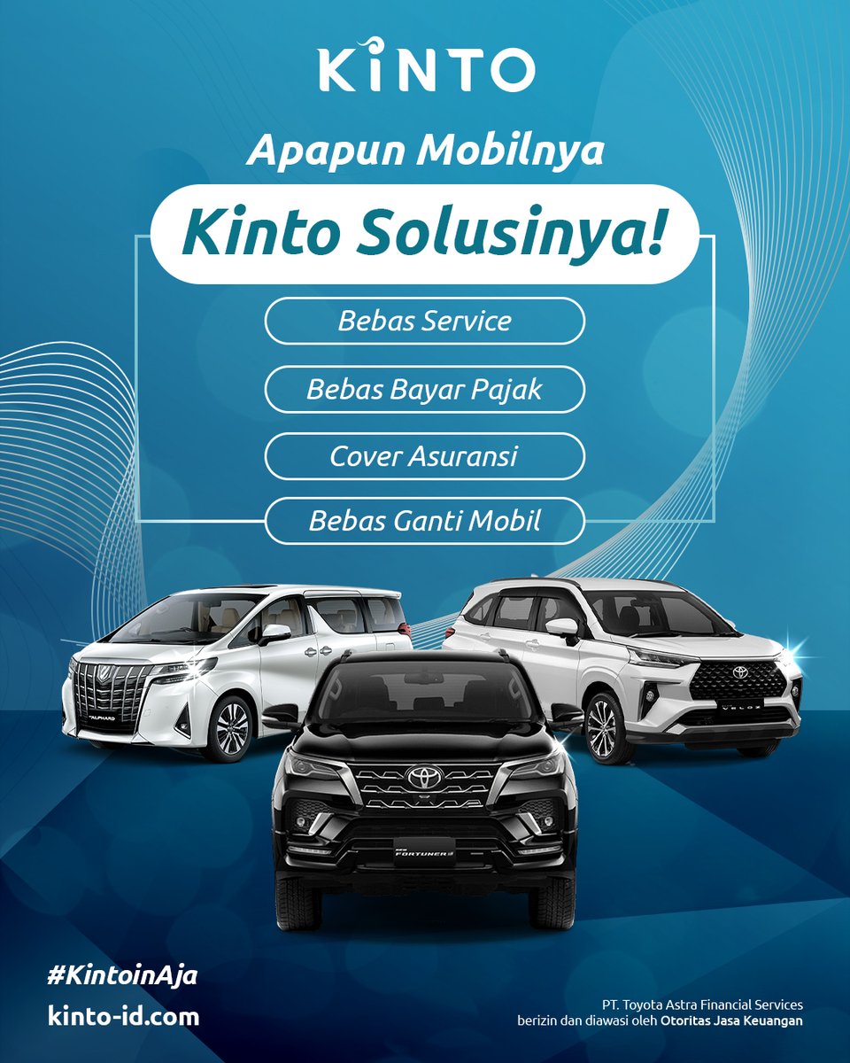 Kinto_Indonesia's tweet photo. Sekarang nggak bingung cari mobil untuk mobilitas. Dengan Kinto, bisa pilih mobil sesuai kebutuhan dengan fasilitas Full Service (Service, Perpanjang STNK, Asuransi, Pergantian aki & Ban).
#KintoIndonesia #KintoID #BebasRibet #MobilitasTanpaBatas #KintoinAja #PraktisBarengKinto https://t.co/Mc4UMLSGmi
