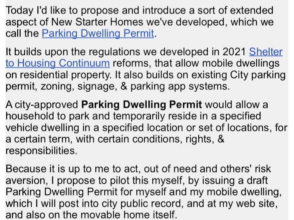 @RoofLesser @UrbanAlchemyUA @homeless_new @portlandmercury @marindatanow what do you think of this agitprop angle? since generally nobody will even discuss the imo reasonable approach of a #ParkingDwellingPermit program, thinking of drafting an ordinance & permit, posting it on my #mobiledwelling & online, trying it out. See: housing.wiki/wiki/Parking_D…