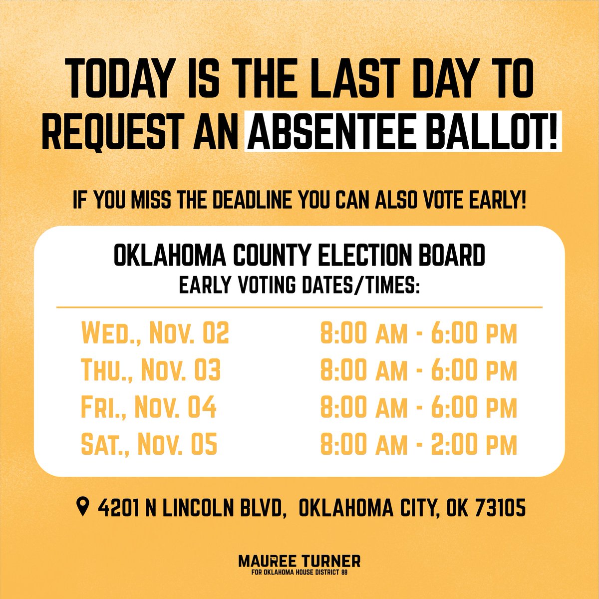 MaureeTurnerOK's tweet photo. Reminder that today is the last day to request an absentee ballot! Visit https://t.co/Fgrnr2flWz to put in your request. Early voting days are also a great option. We also suggest checking out https://t.co/vtO6mzoIIt where you can see a sample ballot (starting wed). https://t.co/eNEr31liqF