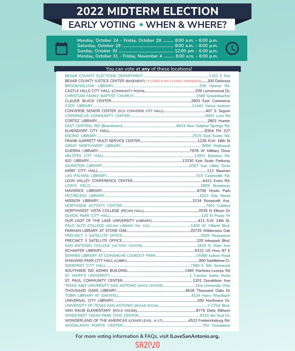 Early voting starts TODAY, San Antonio! 🗳

You can vote at any of these polling locations through November 4. For more information about the midterm election (in both English &amp; Spanish), head to ILoveSanAntonio.org. #SATX
