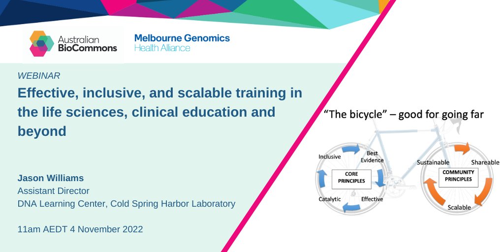 Australian BioCommons (@ausbiocommons) on Twitter photo Calling all trainers and educators!
<a href="/MelbGenomics/">Melbourne Genomics Health Alliance</a> and <a href="/AusBioCommons/">Australian BioCommons</a> have teamed up to bring you a webinar on making training and education effective, inclusive and scalable.
Special guest <a href="/JasonWilliamsNY/">Jason "boundless delight " Williams</a> joins us 4 Nov 2022 11am AEDT
biocommons.org.au/events/bicycle… Calling all trainers and educators!
<a href="/MelbGenomics/">Melbourne Genomics Health Alliance</a> and <a href="/AusBioCommons/">Australian BioCommons</a> have teamed up to bring you a webinar on making training and education effective, inclusive and scalable.
Special guest <a href="/JasonWilliamsNY/">Jason "boundless delight " Williams</a> joins us 4 Nov 2022 11am AEDT
biocommons.org.au/events/bicycle…