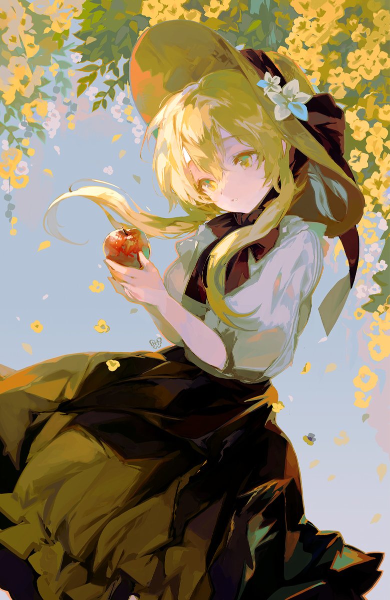 lumine (genshin impact) 1girl food solo fruit blonde hair apple holding  illustration images