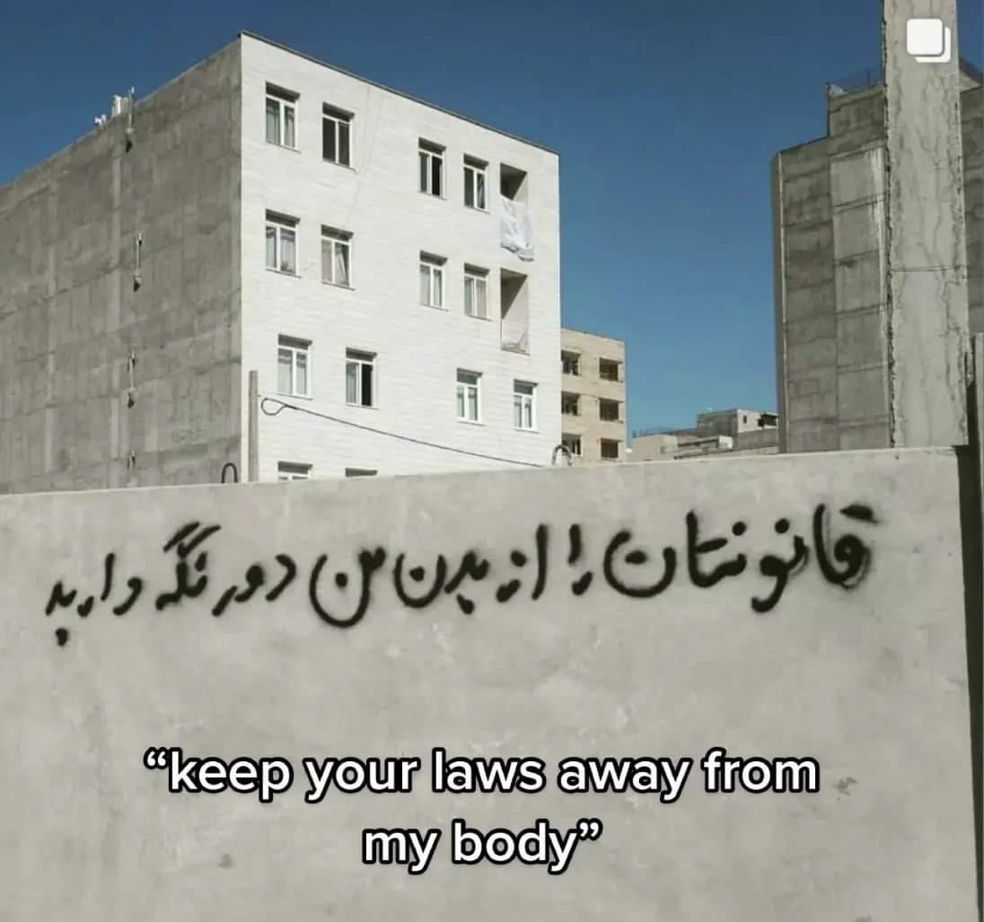 "Keep your laws away from my body"
Seen in Iran during the ongoing protests sparked by the police murder of Jina Mahsa Amini in September.