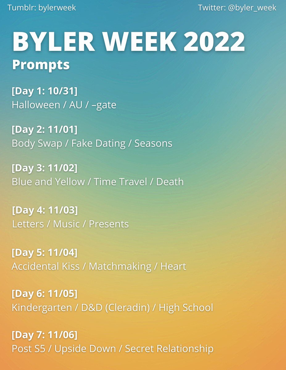 byler_week's tweet photo. 💙 [Byler Week 2022] 💛

Are you ready to be crazy together?

View the list of prompts and rules below for #BylerWeek2022!

This will run from October 31-November 6.

We appreciate your RT and look forward to your participation and creations!

Our DMs are open for any questions https://t.co/qYVvSdv13z