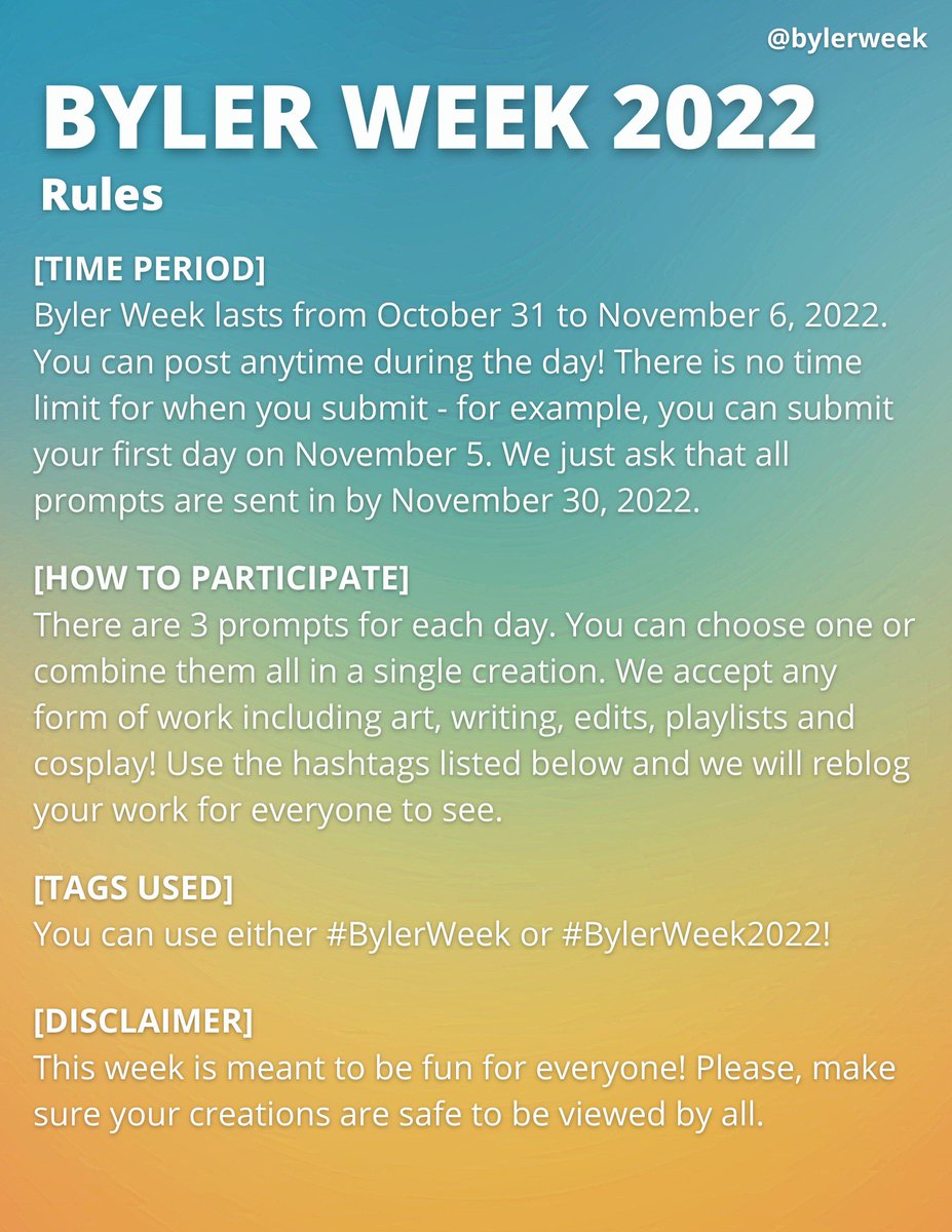 byler_week's tweet photo. 💙 [Byler Week 2022] 💛

Are you ready to be crazy together?

View the list of prompts and rules below for #BylerWeek2022!

This will run from October 31-November 6.

We appreciate your RT and look forward to your participation and creations!

Our DMs are open for any questions https://t.co/qYVvSdv13z