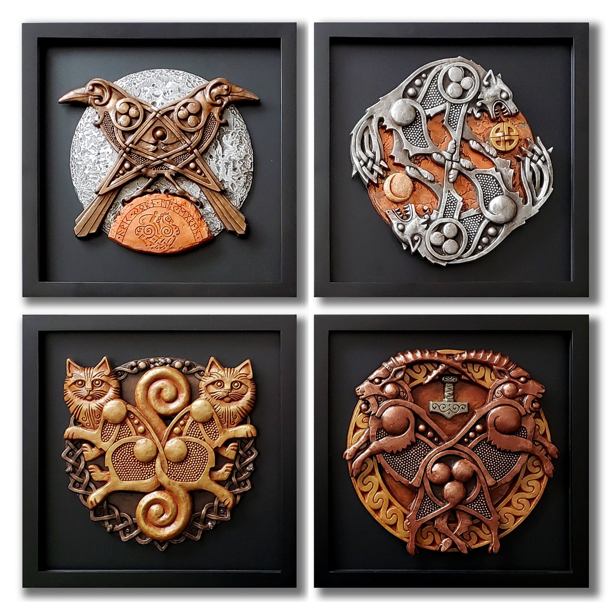Here is the full set of four (4) layered reliefs in my Mythic Pairs series. There are only nine (9) full sets of hand-signed artist proofs available. jorn.com #vikings #norse #mythology #pagan #heathen #odin #thor #freyja #aricjorn