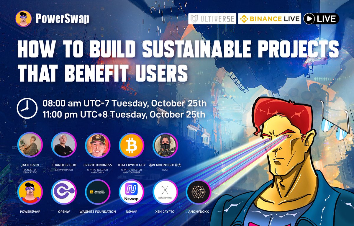 PowerSwapPOW's tweet image. Large space is here!
@PowerSwapPOW will host a Twitter Space with influencers from the cryptocurrency and ETHW ecosystems
📝Theme: How To Build Sustainable Projects That Benefit Users
⏰Time:October 25, 15:00 utc

@mrJackLevin @ChandlerGuo @OpenPowNFT @wagmi33fund @Nswapcom