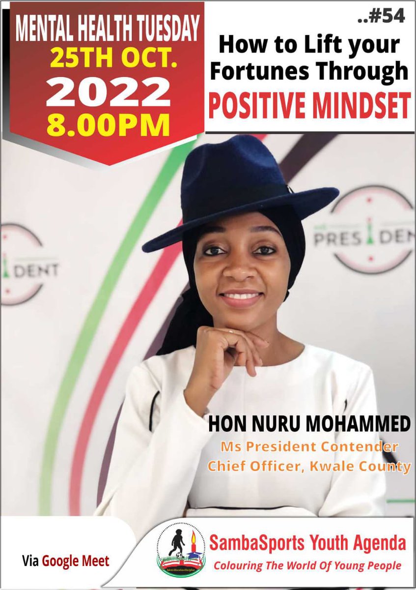 This Tuesday, during #MentalHealthTuesday, we focus on positive energy as an influencer to success.

👇
meet.google.com/gki-uuam-nhm?h…

<a href="/GSNAfrica/">Green String Network</a> <a href="/angiyo58/">Angi Yoder-Maina, PhD</a> <a href="/gchallenges/">Grand Challenges Canada</a> <a href="/AbdiOgle/">Mukhtar A. Ogle, EBS,OGW 🇰🇪</a> <a href="/KCDF/">Kenya Community Development Foundation</a> <a href="/AKF_EA/">AgaKhanFoundation EA</a>