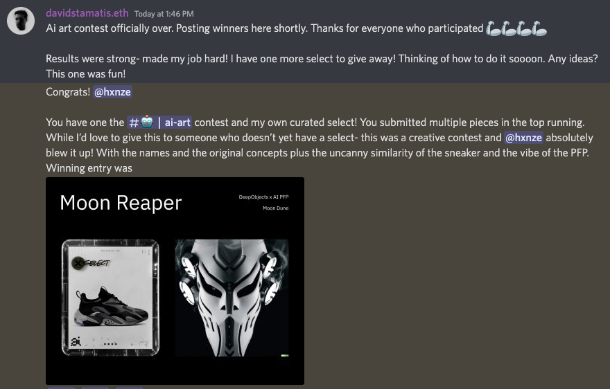 hxnze_'s tweet photo. Ayooo 🔥 So thrilled to have won the AI Art contest w @DeepObjects. Had heaps of fun designing ai generated pfps that encapsulated the sneaker designs we curated. Thank you🙏🏽 @david_stamatis @BDanahy14 🫡

#DeepObjectsAIArtContest #MoonReaper #MoonDune https://t.co/HmOxCTsUyj