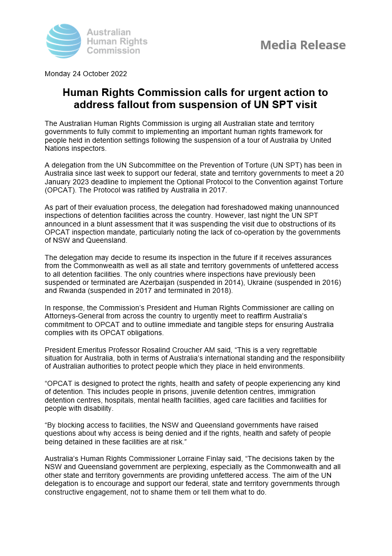 Following the suspension of a visit to Australia by the UN Subcommittee for the Prevention of Torture (UN SPT), we're urging all Aus state and territory governments to fully commit to implementing the OPCAT human rights framework. humanrights.gov.au/about/news/med…