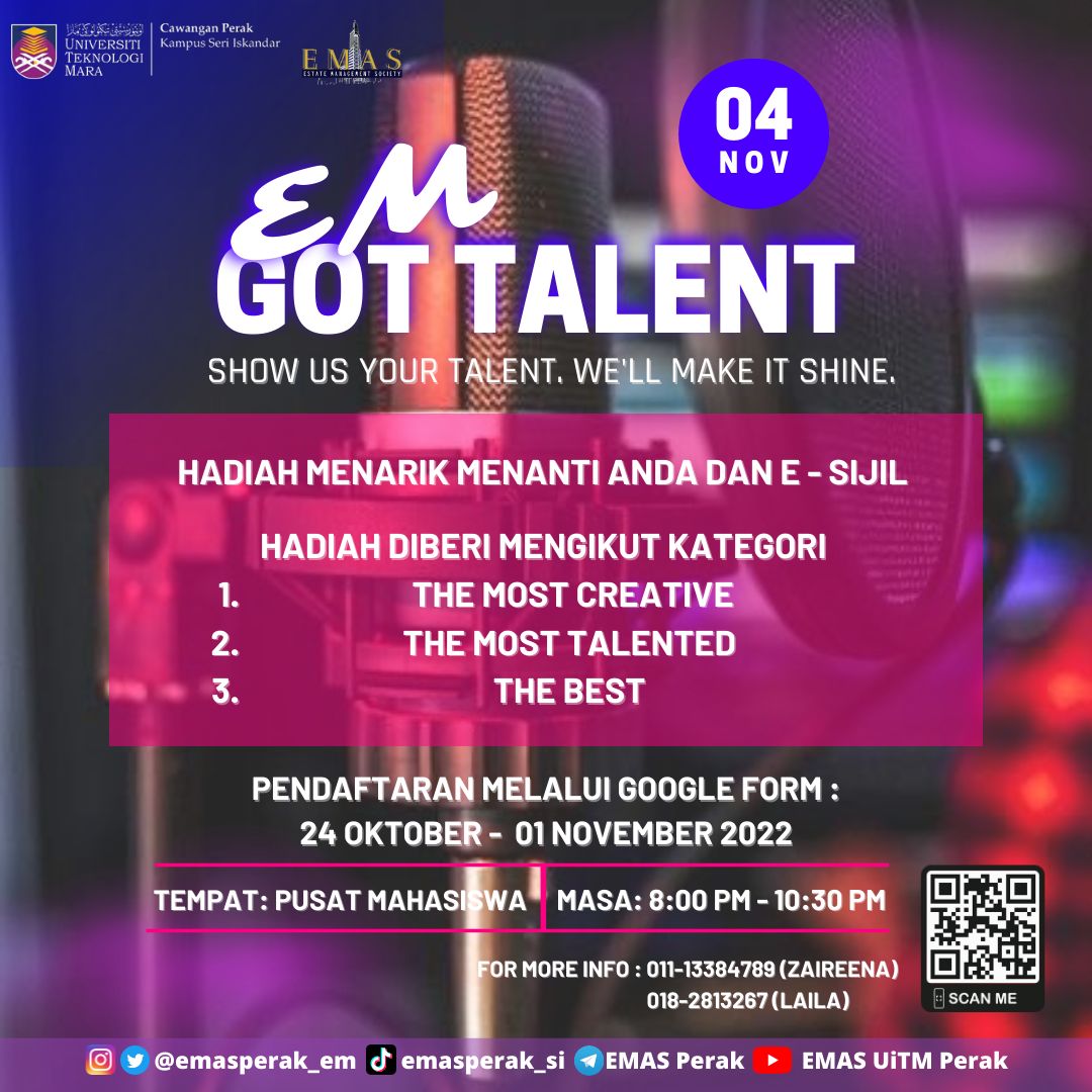 emasperak_em's tweet photo. Assalamualaikum dan Salam UiTM di hatiku

Jom sertai EM GOT TALENT yang  bertempat di Bilik Teater, Pusat Mahasiswa.

Penyertaan ini terbuka kepada pelajar Pengurusan Hartanah UiTM Perak Kampus Seri Iskandar SAHAJA.

Daftar segera melalui: 
https://t.co/3ZW2svMSzp https://t.co/v6rTDjcEZO