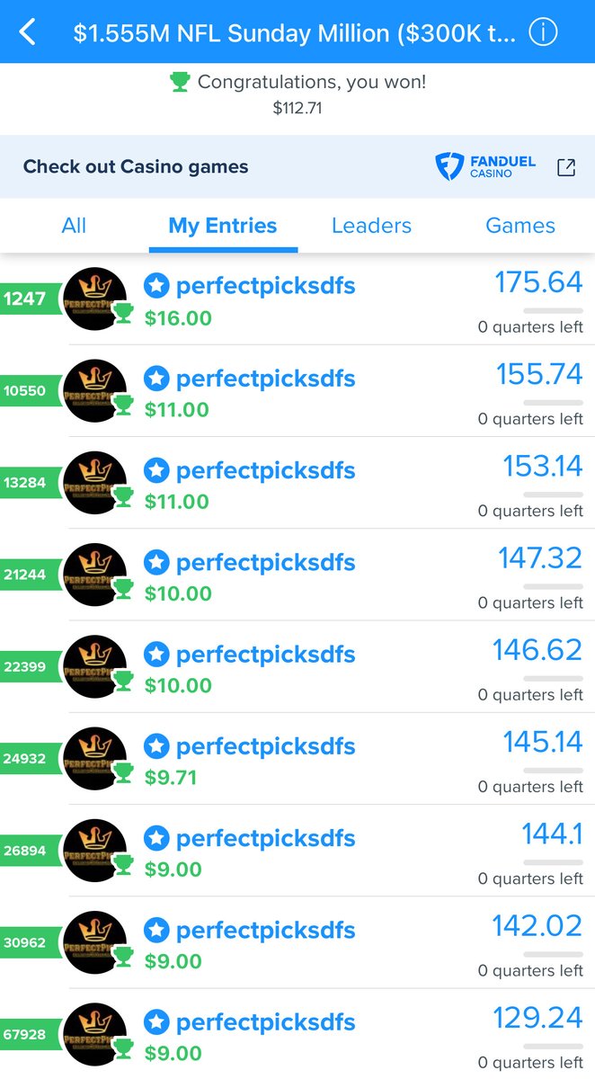 PerfectPicksDFS's tweet image. HUGE #NFL Week 7: profited w/ a $112.71 total cash & a top lineup finish of 1247th of 358,829 in the main #FanDuel GPP (top 0.3% in B2B weeks) - showing how close we are to another takedown! Couldn't fit all the wins after missing the live screenshot, but that's def a good thing!