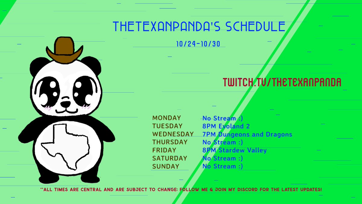 TheTexanPanda (@thetexanpanda_) on Twitter photo New week new schedule! Wednesday will be over at @QuesoCactus's Channel so join us there! New week new schedule! Wednesday will be over at @QuesoCactus's Channel so join us there!
