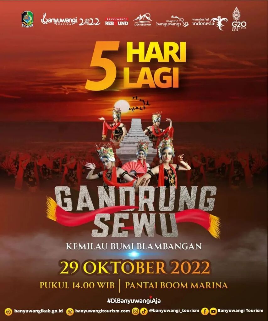 EventBwi's tweet image. From @banyuwangi_tourism 5 hari lagi menuju pelaksanaan Gandrung Sewu 2022. Pasti penasaran bukan dengan gelaran tahun ini? Ikuti terus perkembangannya jangan sampai ketinggalan.
.
Hari Sabtu, 29 Oktober 2022
Pukul 14.00 WIB
Di Pantai Boom Marina Banyuwa… instagr.am/p/CkFV3TuL4hI/