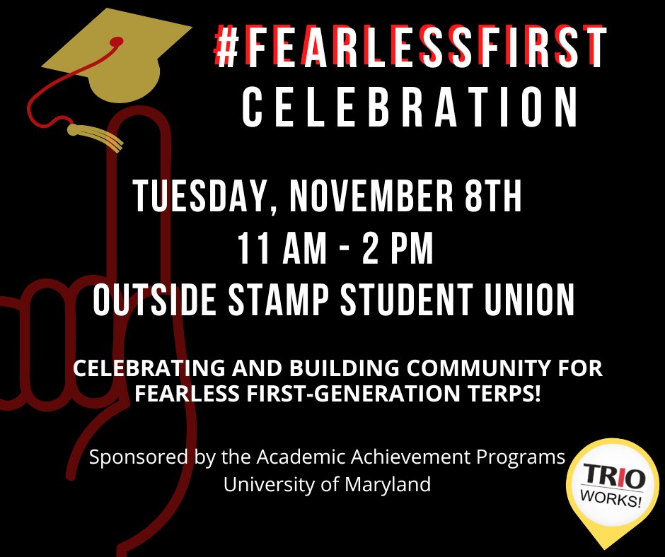 NSO_UMD's tweet image. Join @AAP_UMD to celebrate #firstgenterps! Students, faculty, &amp;amp; staff who identify as or support first-generation students can stop by Stamp, 11 am - 2 pm. Participants can meet other first-gen Terps, learn about AAP and other campus resources, get refreshments, and cool swag!