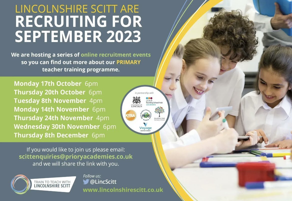 Drop in to chat to our friendly team - find out more about training to teach. We’re looking for people just like you to work with our amazing children and schools in Lincolnshire <a href="/UoLCareers/">University of Lincoln Careers & Employability</a> <a href="/UoL_HSC/">Health & Social Care</a> <a href="/KYRAteaching/">KYRA</a> <a href="/AnthemTrust/">Anthem Schools Trust</a> <a href="/EBSchoolDirect/">Ellison Boulters ITT</a> <a href="/LEADTSHub/">L.E.A.D. Professional Development</a> <a href="/VoyageEP/">Voyage Education Partnership</a> <a href="/WPNursery/">Wyndham Park Nursery</a>
