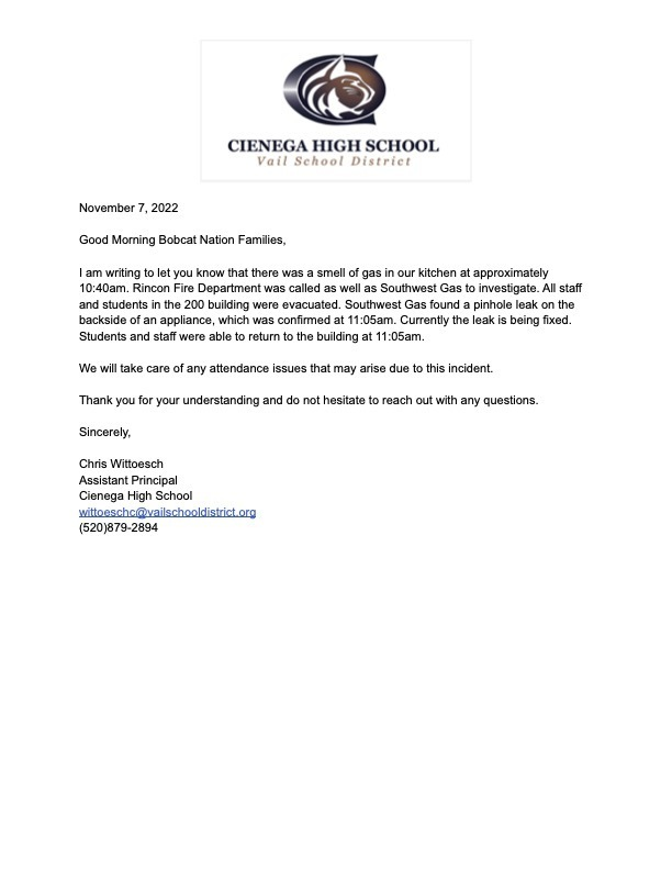 Dear Bobcat Nation Families,
Please refer to the letter below from Assistant Principal Wittoesch about an incident that occured on campus this morning.