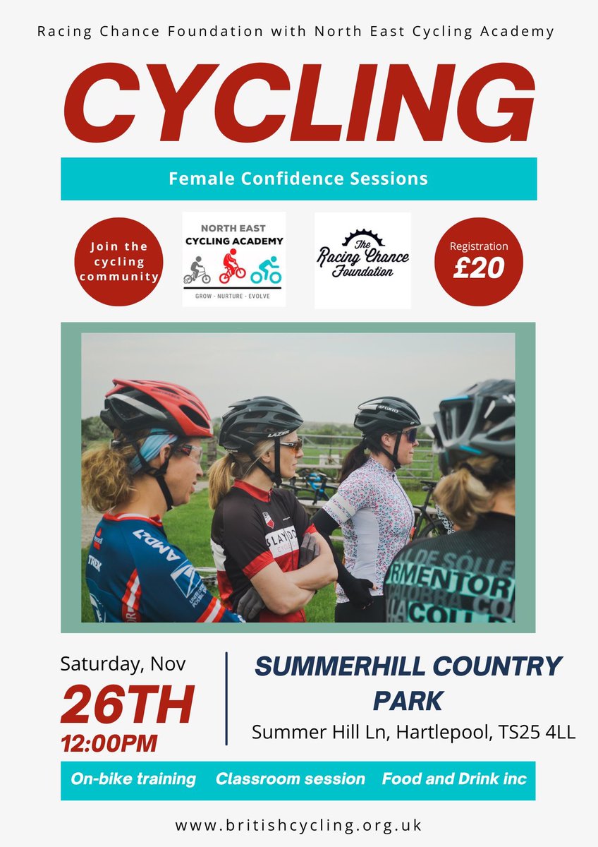 For those of you who are based in the North East, our first #WomensCycling training session is in Hartlepool on Saturday 26 November at 12pm

Please share with your networks!

britishcycling.org.uk/events/details…