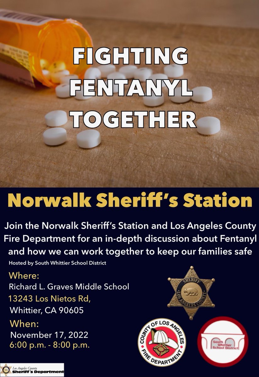 Norwalk Station is hosting an informational meeting regarding the dangers of fentanyl.  La Mirada residents are invited to attend this discussion on Nov. 17 at 6 p.m. at Richard L. Graves Middle School at 13243 Los Nietos Rd.  #norwalksheriffsstation #nlmusd