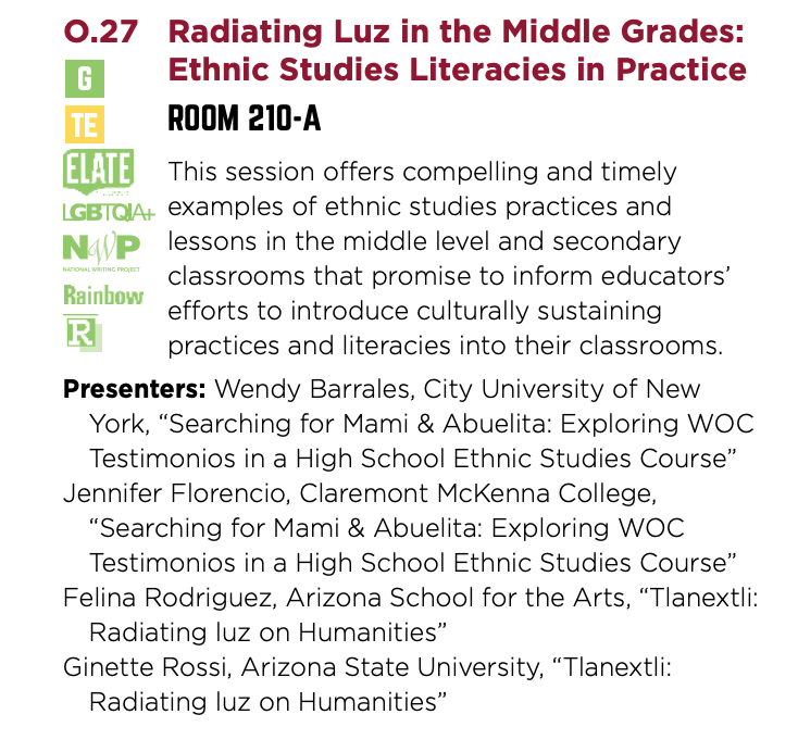 WendyBarrales's tweet photo. Emocionadísima to share the stories of our abuelitas, madrinas, and aunties at @NCTE 2022! A real FULL circle moment presenting on the @wocarchive w/my former HS student Jenni Florencio and the importance in giving #WOC their flowers 🌻🌹🌷🌼#ethnicstudies #chicanas #NCTE22 https://t.co/kfRAReD7K2