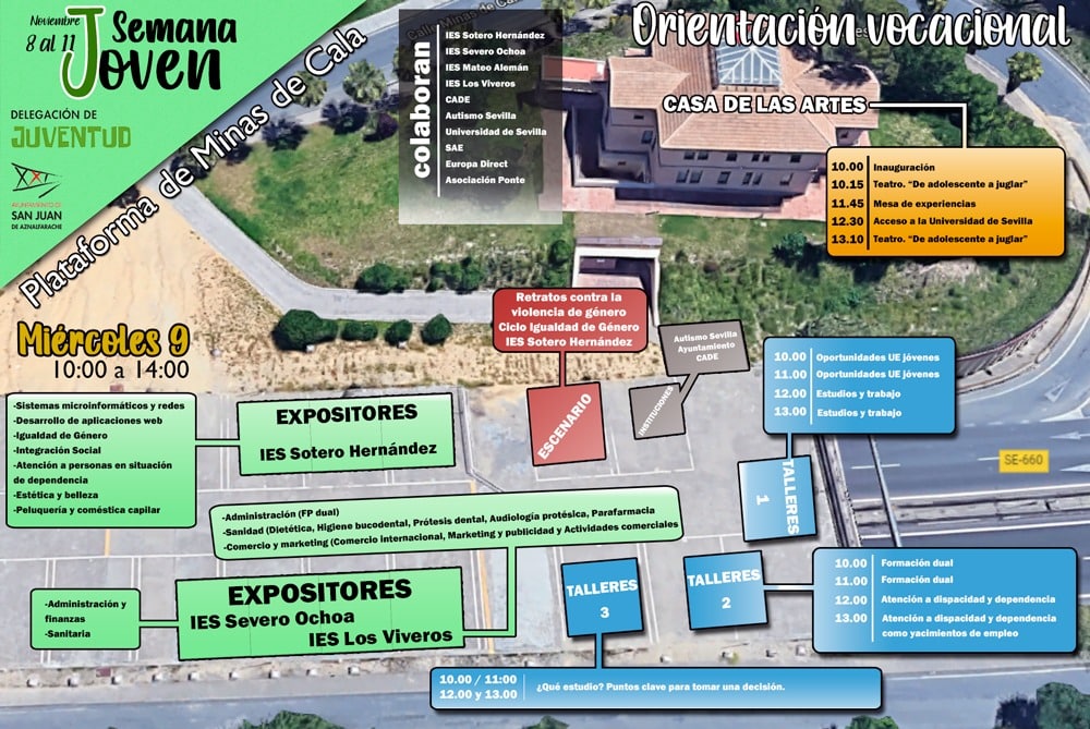 Semana Joven'22.  Segundo día.  Miércoles 9/11 Jornada de Orientación Vocacional.  Plataforma de minas de Cala. Desde las 10.00 am. Talleres, charlas y expositores. ayto-sanjuan.es/es/actualidad/…