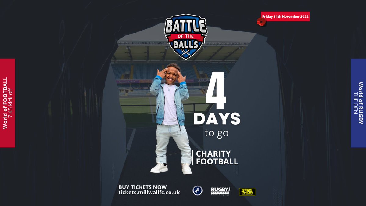 4 days left to go 🔥🔥 📍🏟 𝗧𝗵𝗲 𝗗𝗲𝗻. 𝗙𝗿𝗶 𝗡𝗼𝘃 𝟭𝟭 @MillwallFC Let the battle begin... ⚽🏉⚔ Secure your seat for this legendary Rugby v Football Celebrity Football Match #charityfootballmatch