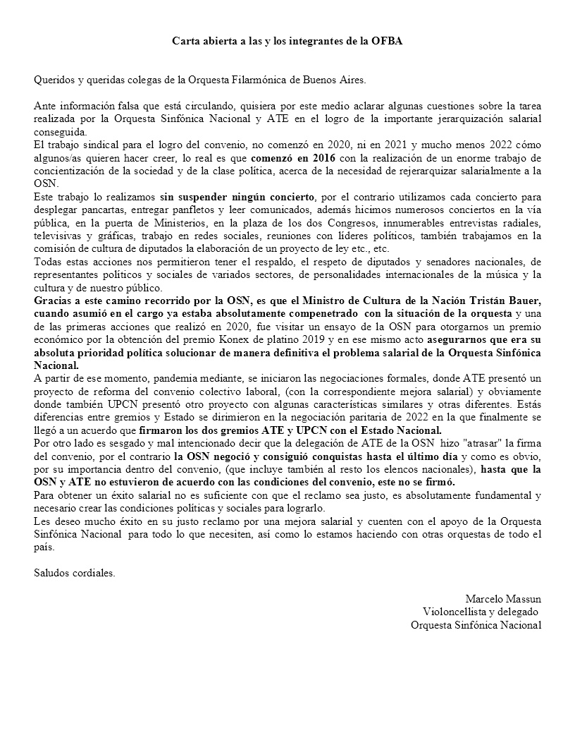 Carta abierta a las y los integrantes de la Orquesta Filarmónica de Buenos Aires