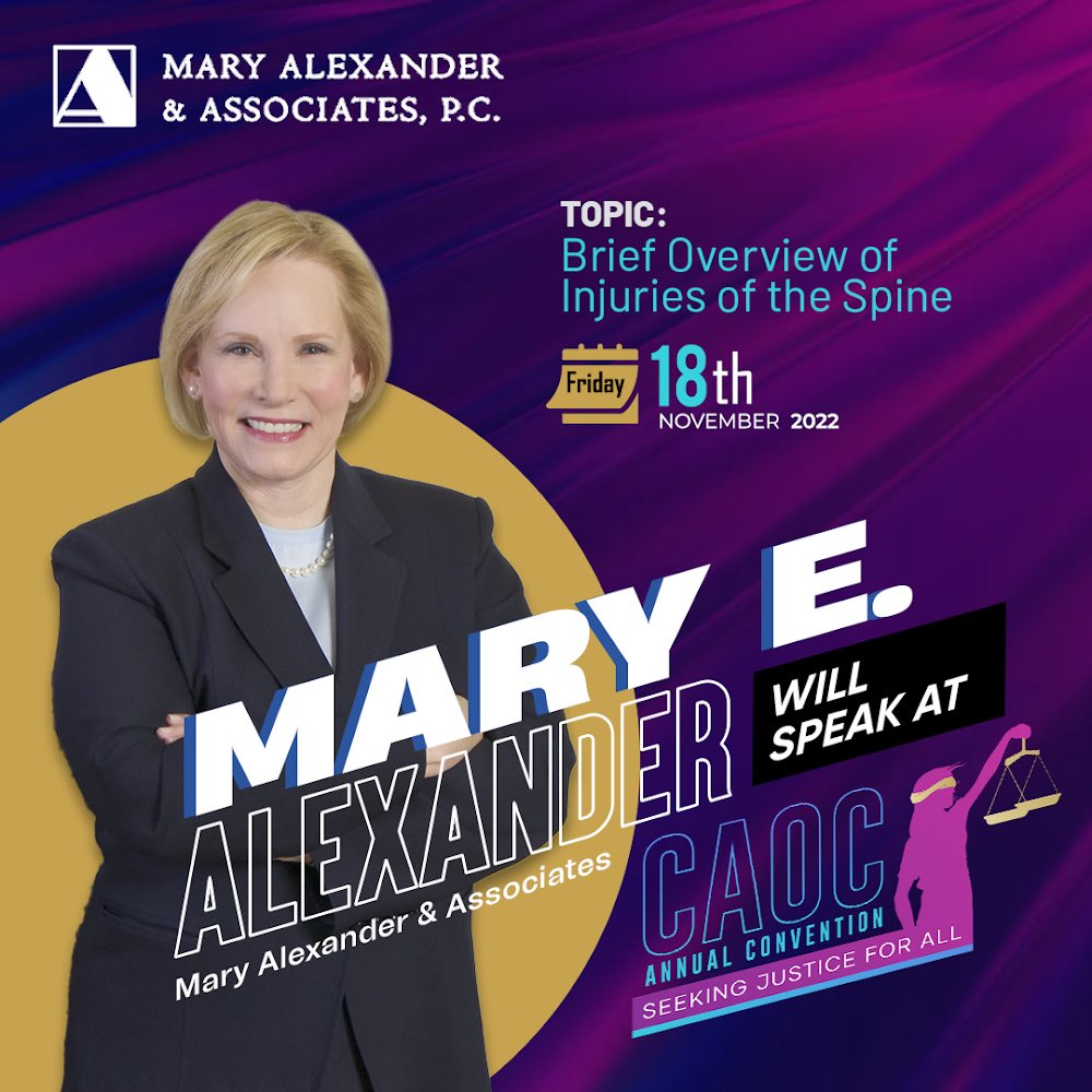Mary Alexander will be speaking at the CAOC event Friday November 18th on the topic of Brief Overview of Injuries of the Spine 

For more information follow the link below: 
caoc.org/?pg=events&evA…
