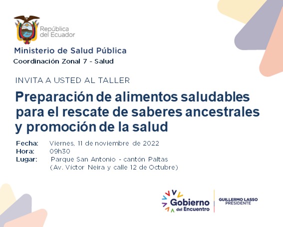 Salud_Loja's tweet photo. #Paltas | @Salud_Ec te invita a participar del taller: Preparación de alimentos saludables 🥗 para el recate de saberes ancestrales y promoción de la salud

📆Viernes, 11 de noviembre de 2022
⌚️09h30

#JuntosPorLaSalud https://t.co/eLi3PIpNPu