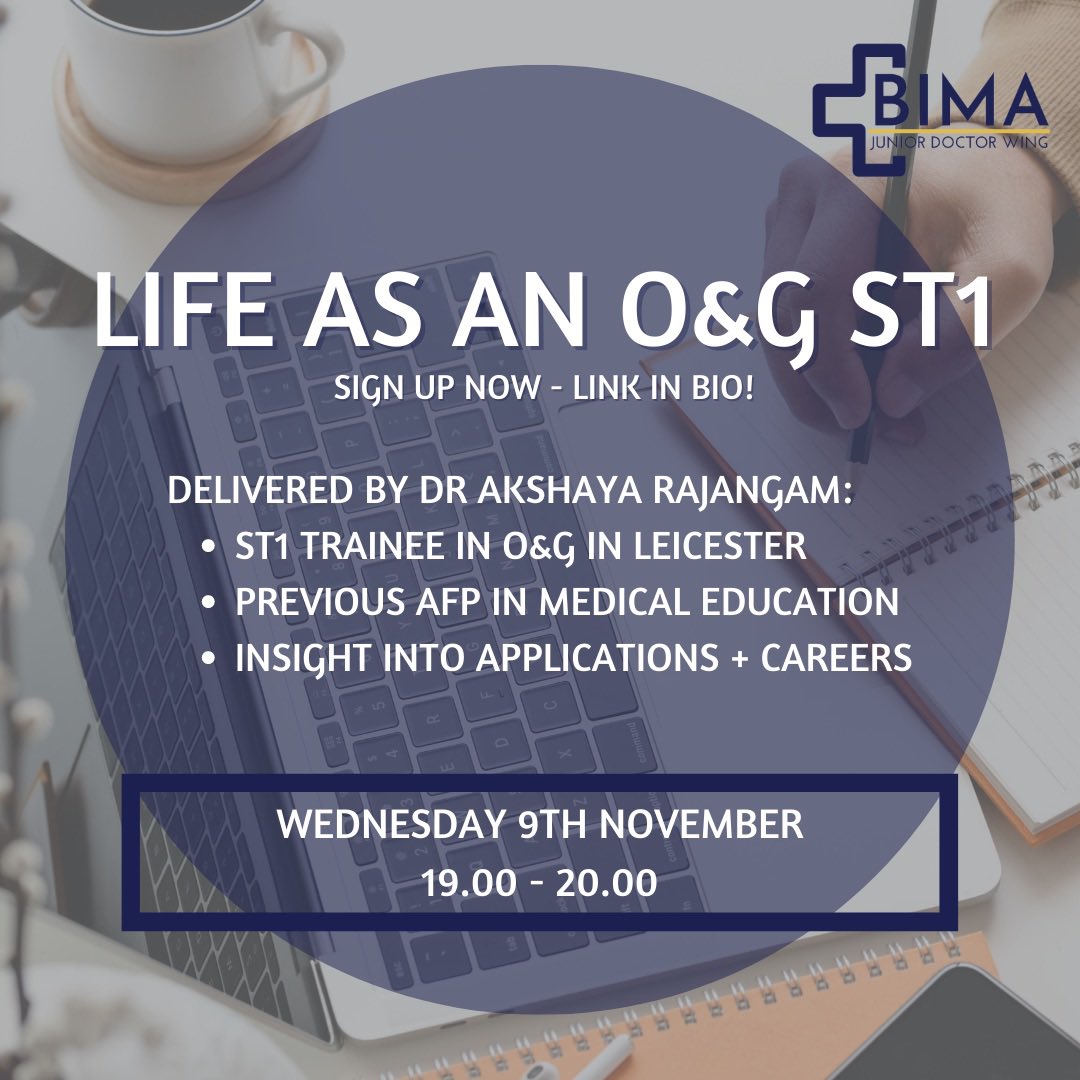 BimaJDW's tweet image. *Join us for our first event of the year!***

A webinar on a Life of an O&amp;amp;G ST1 delivered by Dr Akshaya Rajangam an O&amp;amp;G ST1 trainee in Leicester.

Wednesday 9th November: 19.00 - 20.00

share.medall.org/events/life-as…