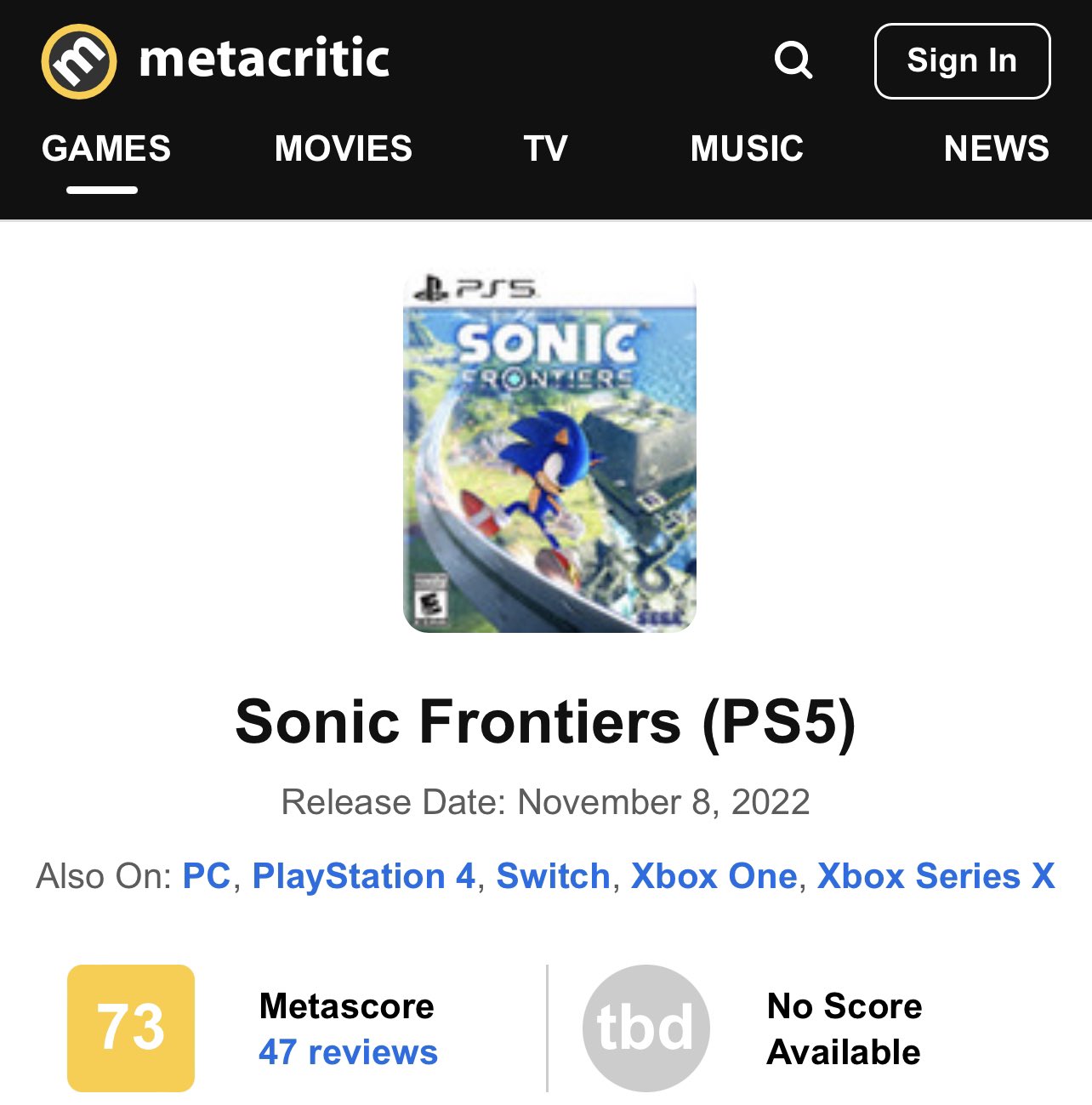 Sonic Frontiers larga com nota 73 no Metacritic