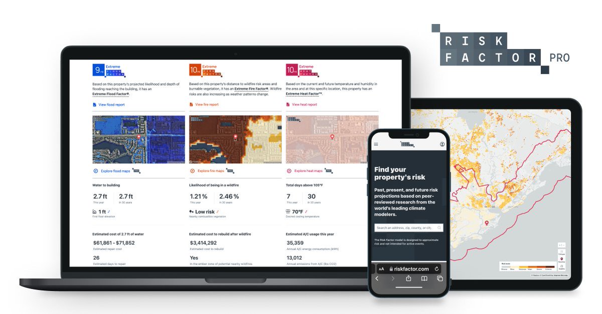 RiskFactorCom's tweet photo. Today we celebrate the launch of Risk Factor Pro, the most comprehensive property specific climate risk data set in existence. Explore your property’s physical climate risk &amp; plan for the future. Start your free trial - create an individual account today. https://t.co/hzknPfvHWg https://t.co/P0Tvgp4G34