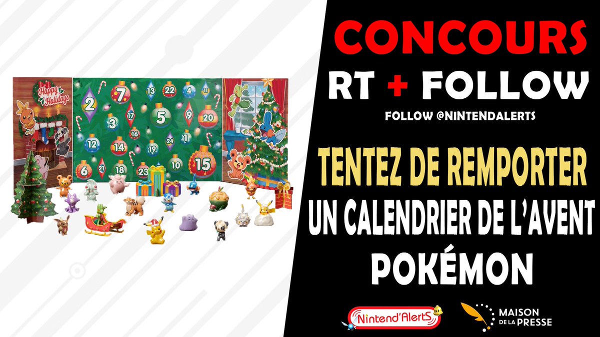 AlertEtGo's tweet photo. #Concours 🎁 ! Un calendrier de l’avent #Pokemon offert par Maison de la presse à gagner ! 
Pour participer RT ce tweet et follow @nintendalerts puis commente avec le nom de ton Pokémon préféré ! 
Retrouvez le calendrier ici ➡️ https://t.co/BmpyaJMmWA
Fin le 21 novembre. https://t.co/VAOSPMTrcU