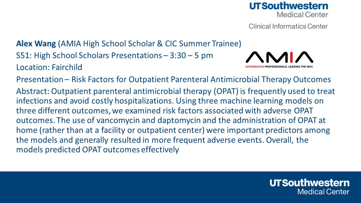 Clinical Informatics Center at UT Southwestern (@cic_utsw) on Twitter photo Alex Wang, <a href="/CIC_UTSW/">Clinical Informatics Center at UT Southwestern</a> summer trainee and #AMIA2022 High School Scholar, will present his exciting talk “Risk Factors for Outpatient Parenteral Antimicrobial Therapy Outcomes” at the S51: High School Scholars session from 3:30 – 5 pm in Fairchild today. <a href="/IDInformaticsMD/">Richard Medford MD</a> <a href="/culehmann/">Christoph U Lehmann, MD, FAAP, FACMI, FIAHSI🇺🇦🌻</a> Alex Wang, <a href="/CIC_UTSW/">Clinical Informatics Center at UT Southwestern</a> summer trainee and #AMIA2022 High School Scholar, will present his exciting talk “Risk Factors for Outpatient Parenteral Antimicrobial Therapy Outcomes” at the S51: High School Scholars session from 3:30 – 5 pm in Fairchild today. <a href="/IDInformaticsMD/">Richard Medford MD</a> <a href="/culehmann/">Christoph U Lehmann, MD, FAAP, FACMI, FIAHSI🇺🇦🌻</a>