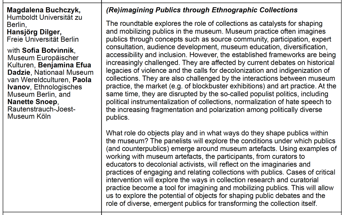 Very excited to co-host roundtable on "(Re)imagining Publics through Ethnographic Collections" with @InsightAnth &amp; amazing participants <a href="/Sofia_Botvinnik/">Sofia Botvinnik</a>, <a href="/wawaaba_/">Efua Dadzie</a>, <a href="/SnoepNanette/">Nanette Snoep</a> &amp; <a href="/paola_ivanov/">Paola Ivanov</a> on 17/11 @ 5:30 pm
Info on registration (incl. online) polsoz.fu-berlin.de/ethnologie/ter…