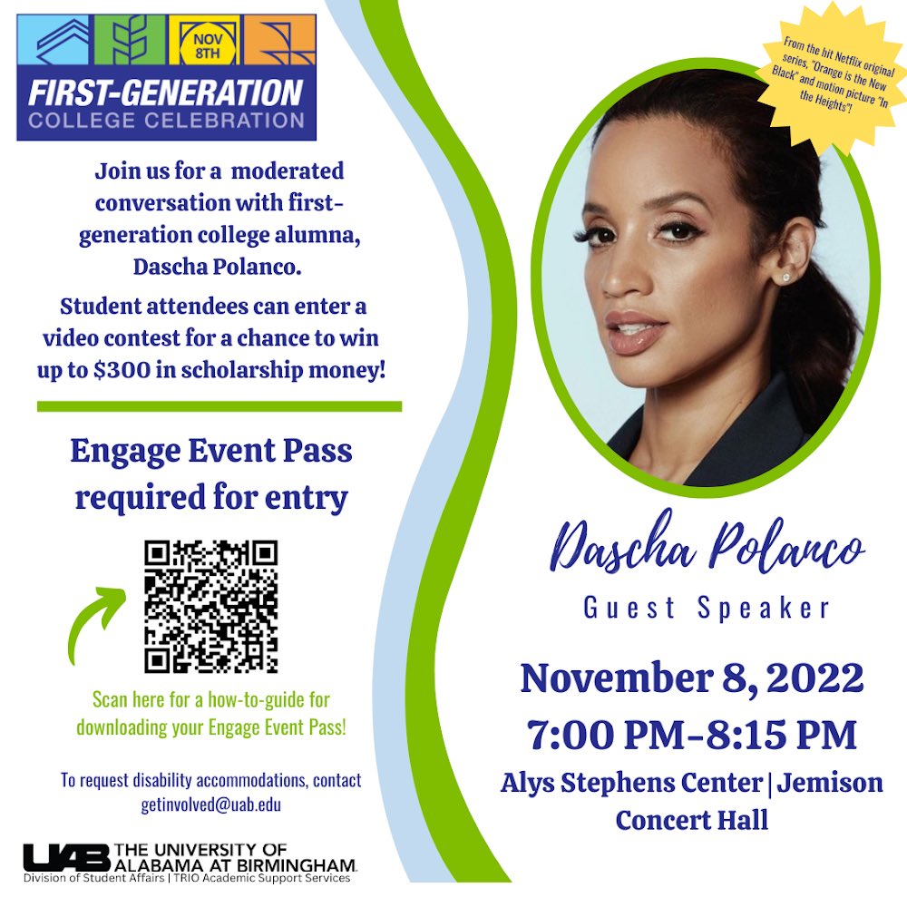 TOMORROW: Special guest Dascha Polanco will be celebrating first-generation students at the Alys Stephens Center tomorrow starting at 7PM!