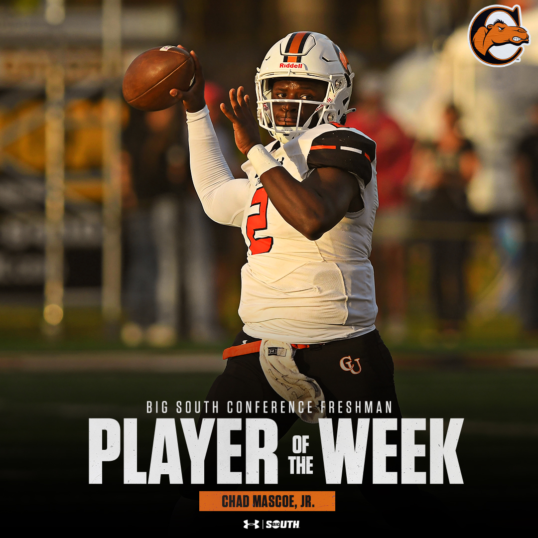A Campbell 𝘧𝘳𝘦𝘴𝘩𝘮𝘢𝘯 𝘳𝘦𝘤𝘰𝘳𝘥 378 passing yards and 3 touchdowns. Chad Mascoe, Jr. is your #BigSouthFB Freshman Player of the week. 

🔗 bit.ly/3fKoM8h | #RollHumps 🐪🏈