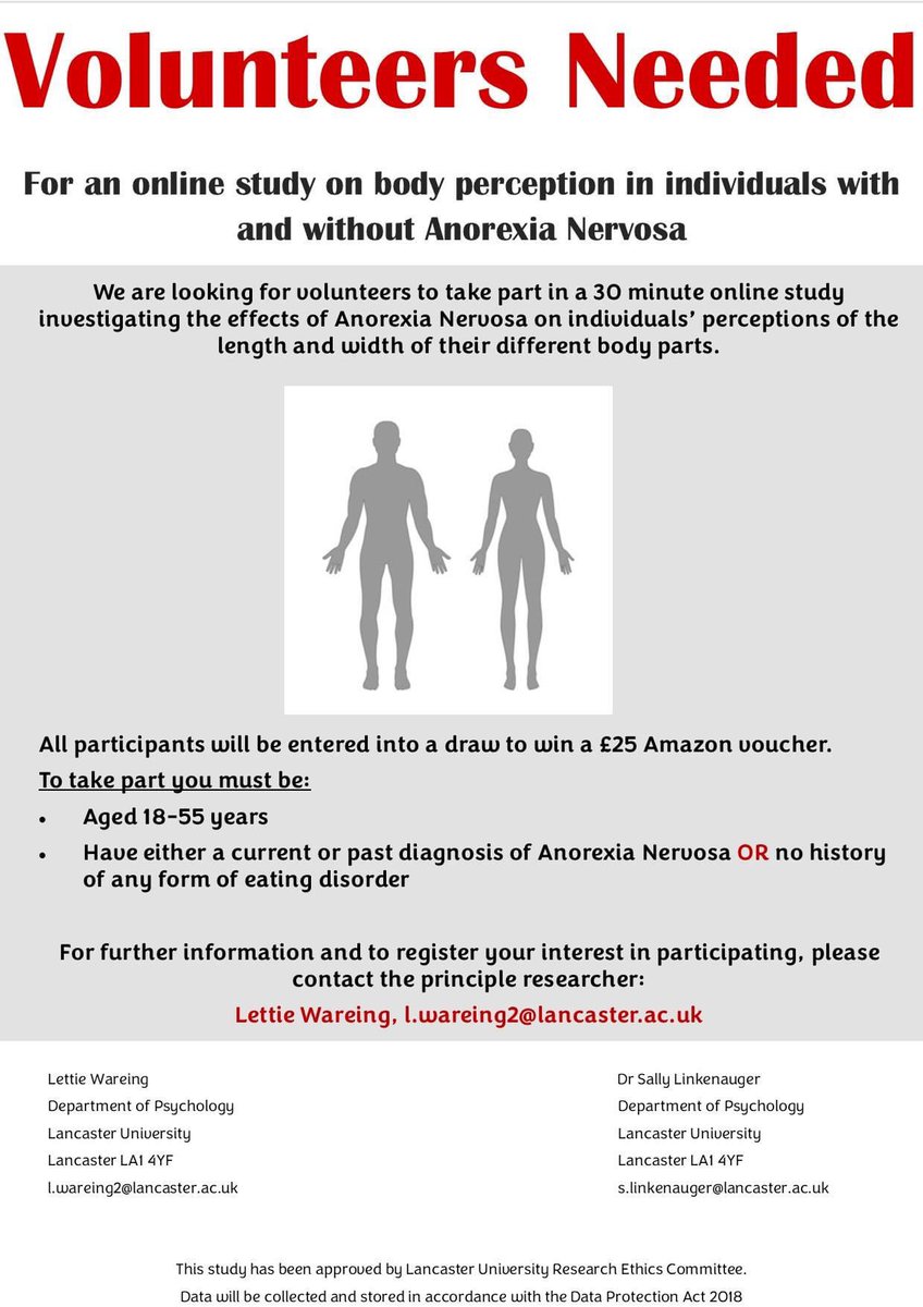 Very excited to now be recruiting participants for a study investigating perceptions of body proportions in Anorexia Nervosa. Please see the below poster for more details. If you are interested please contact me via email #psychology #research @lancspsychres