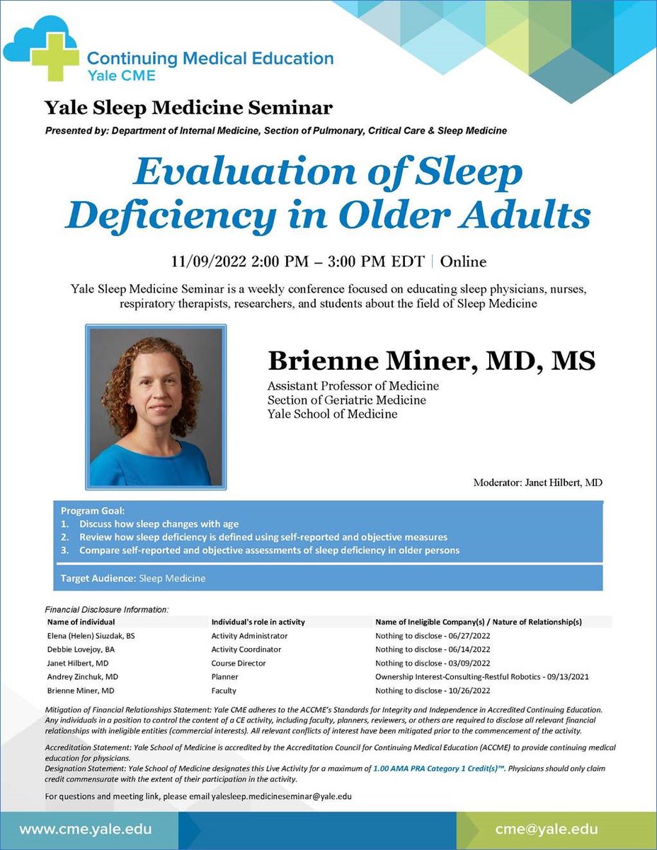 YalePCCSM's tweet photo. Yale Sleep Medicine Seminar: "Evaluation of Sleep Deficiency in Older Adults" 💤

🗓️ WED, 11/9 @ 2PM EDT
👤Presenter: Dr. Brienne Miner (@SleepinBeautyMD)
🗨️Moderator: Dr. Janet Hilbert (@JanetHilbertMD)

📍Hybrid - DM us for link to join! 

#YaleGreatTalks https://t.co/T0QW8Hfb7v