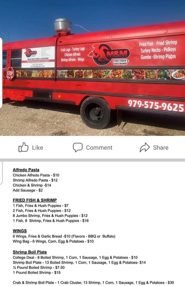 M&amp;M Cajun / Creole food truck here this Saturday 11/12, noon to 5pm or sold out, winery open till 6pm. Rio Brazos Distillery (adjacent to us) should be open too.