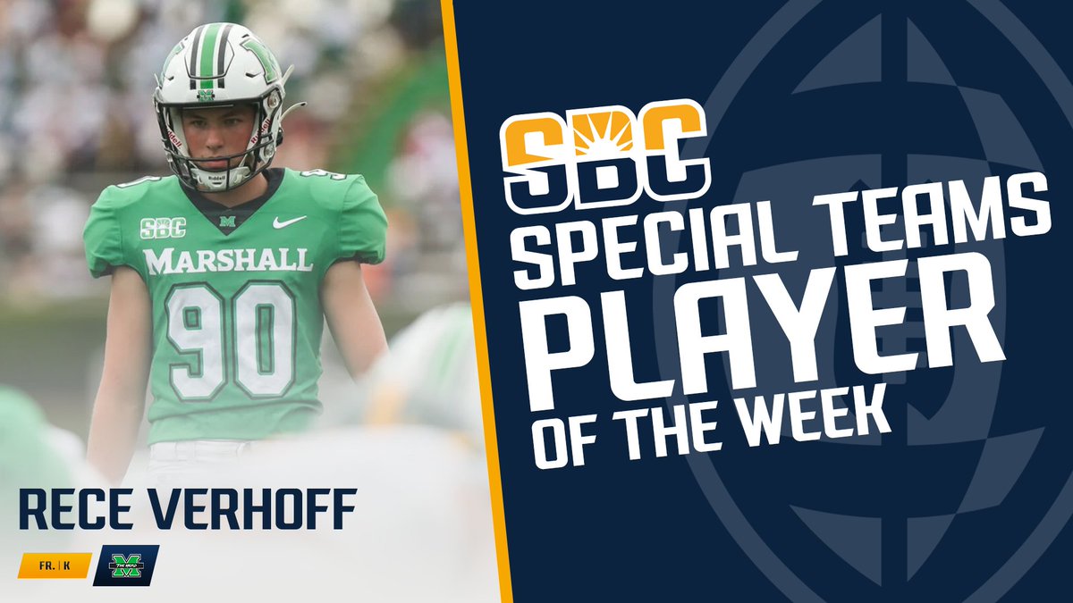 𝗙𝗥𝗘𝗦𝗛𝗠𝗔𝗡 𝗣𝗛𝗘𝗡𝗢𝗠. After accounting for all 12 points in @HerdFB's 12-0 shutout, @RVerhoff—who connected on 4-of-5 field goal attempts—earns the @SunBeltFB Special Teams Player of the Week award. ☀️🏈 📰 » sunbelt.me/3UvadUE