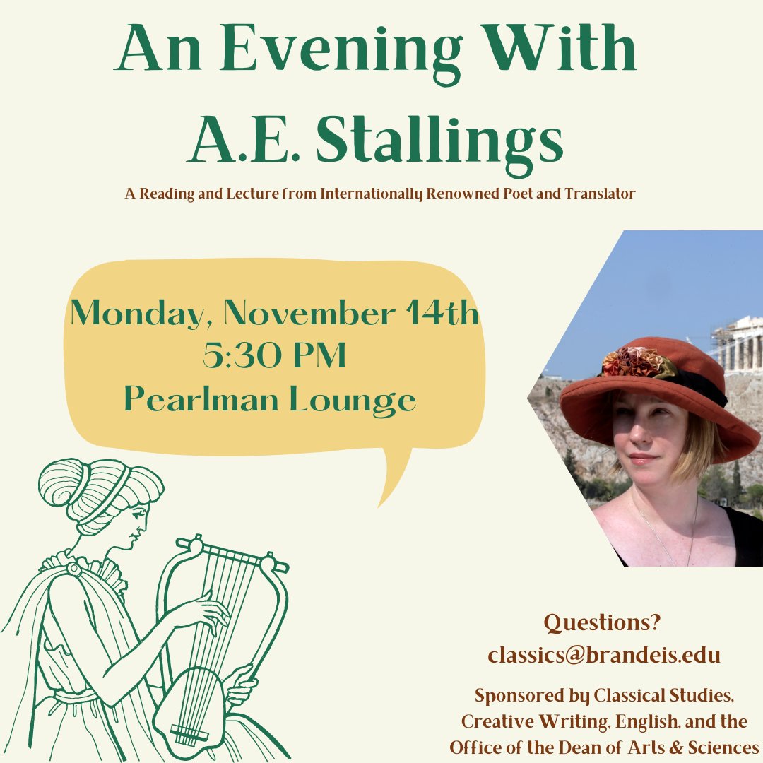 Join us next Monday for an amazing poetry reading and lecture from renowned poet and translator A.E. Stallings. It will be a night to remember!
