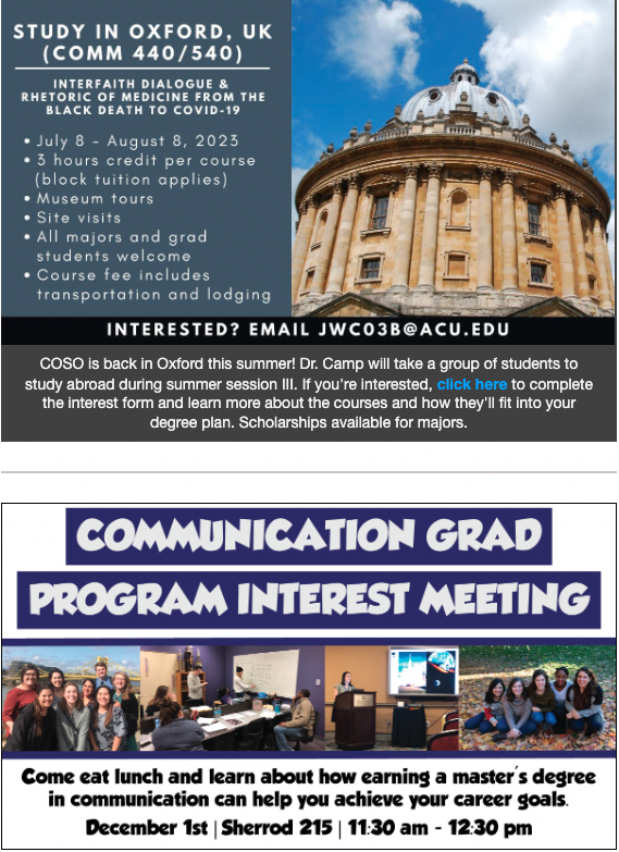 Attention <a href="/acuedu/">Abilene Christian University</a> <a href="/acuoptimist/">The Optimist</a>! #COSOThisWeek is out!

Free Chicken Burger and Sweet Potato Fries meal kits!

Study abroad Oxford Summer 2023;

Communication Graduate Program information meeting Dec 1, more!

mailchi.mp/28367c3046cb/c…