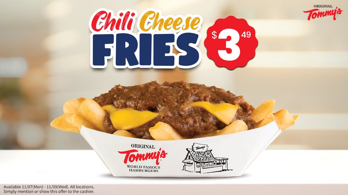 🌶️🧀🍟 Enjoy our World-Famous Chili Cheese Fries for only $3.49 🔥 11/7(M) to 11/9(W) 😋 #chilicheesefries #chilifries #originaltommys #lafoodfest #ocfoodies #lafoodblogger #lafoodscene #orangecountyeats #lafoodies #ocfood #laeats #calieats #lafoodjunkie #californiafoodie