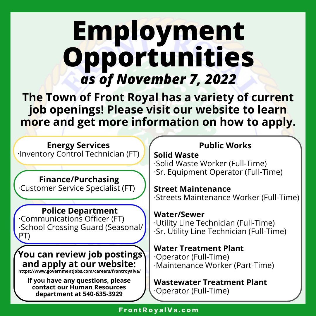 Employment Opportunities as of November 7, 2022 Here's the link for more information: petitelink.net/tofrjobs #frontroyalva #governmentjobs #shenandoahvalley #localgovernment #hiringnow #jobseekers #JobOpportunity #jobseeker #jobs #interview #work #recruitment #Staffing