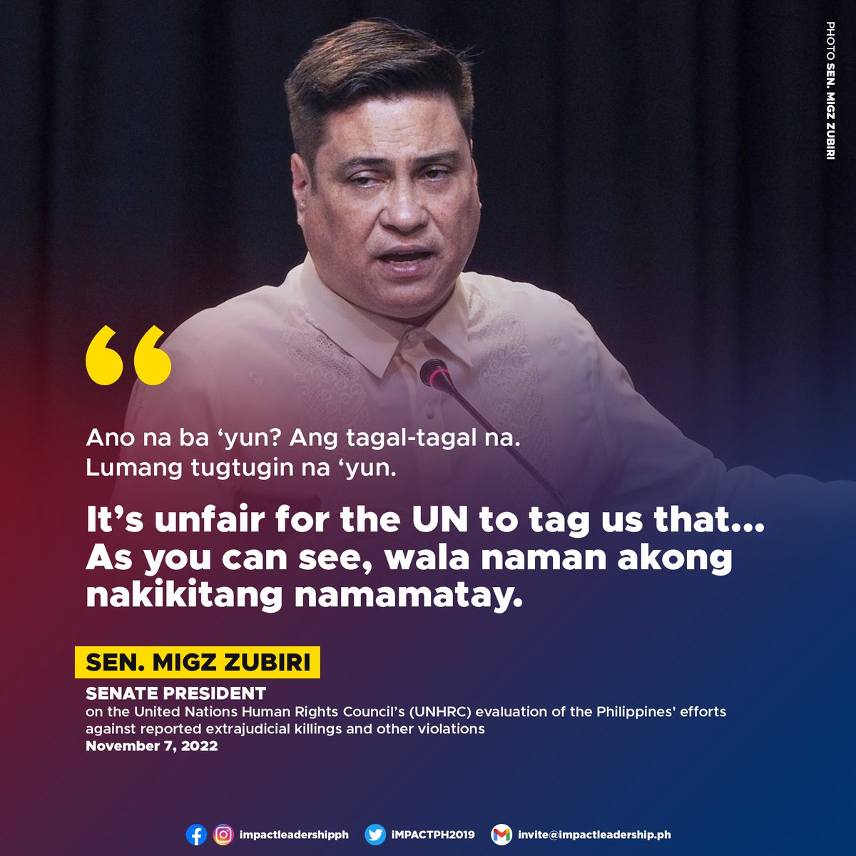 iMPACTPH2019's tweet image. &apos;WALA NAMAN AKONG NAKIKITANG NAMAMATAY&apos;

Senate President Migz Zubiri says the United Nations Human Rights Council&apos;s (UNHRC) evaluation of the Philippines&apos; efforts against reported extrajudicial killings (EJKs) and other violations is &quot;unfair&quot;.
