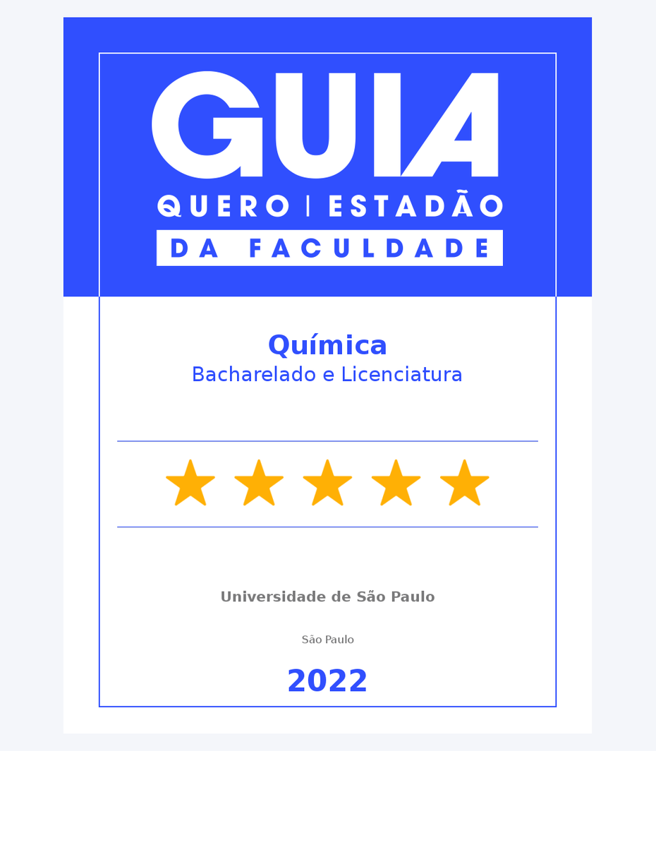 Biblioteca CQ USP (@bibliotecacq) on Twitter photo É com alegria que informamos: os cursos de Bacharelado e Licenciatura em #Química (<a href="/iq_usp/">IQUSP</a>) receberam #5estrelas no Guia Quero Estadão da Faculdade.
Parabéns à todos os envolvidos, cujo #reconhecimento pelo brilhante #trabalho e #esforço, mantém a excelência dos nossos cursos. É com alegria que informamos: os cursos de Bacharelado e Licenciatura em #Química (<a href="/iq_usp/">IQUSP</a>) receberam #5estrelas no Guia Quero Estadão da Faculdade.
Parabéns à todos os envolvidos, cujo #reconhecimento pelo brilhante #trabalho e #esforço, mantém a excelência dos nossos cursos.