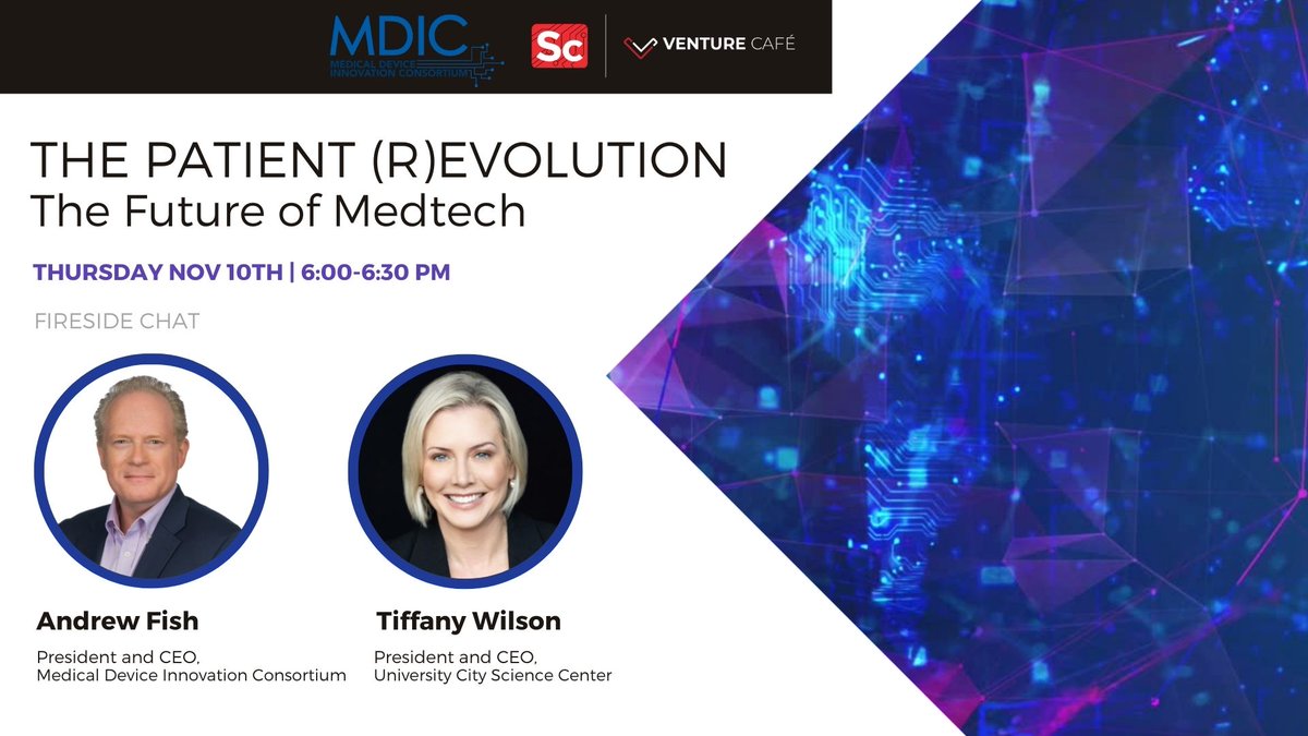 What's the future of #MedTech? Join us for a fireside chat this Thursday with Andrew Fish, President and CEO of <a href="/MDIConline/">MDIC</a>, and <a href="/TheTifWilson/">Tiffany Wilson</a>, President and CEO of <a href="/UCScienceCenter/">Science Center</a> to find out. venturecafephiladelphia.org/sessions/the-p…

#medicaldevice #healthcare #PatientCare #patientexperience