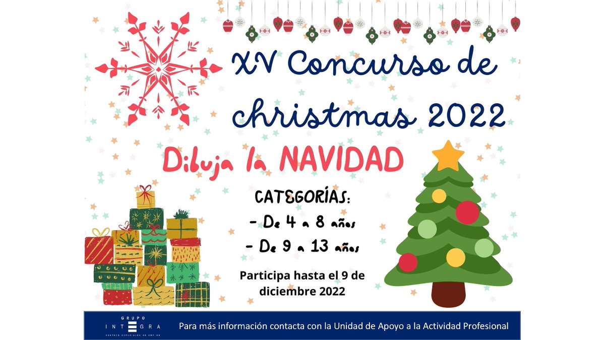Integracee's tweet photo. 🎄 XV Concurso de Christmas: DIBUJA LA #NAVIDAD 🎅👑

Para familiares de la plantilla 👧🧒
Grupo 1⃣: 4 a 8 años 🎁
Grupo 2⃣: 9 a 13 años 🎁

📅 Participación hasta el 9 de diciembre.

🫂 Contacta con la UAAP. https://t.co/6L5ZTPvYvI